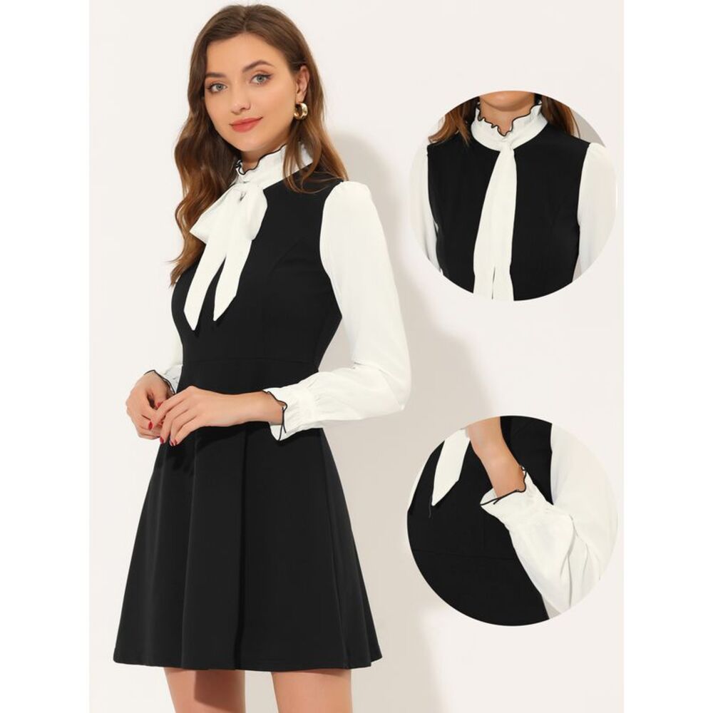Contrast Color Dress for Women's Vintage Long Sleeve Tie Neck Black - Picture 2 of 5